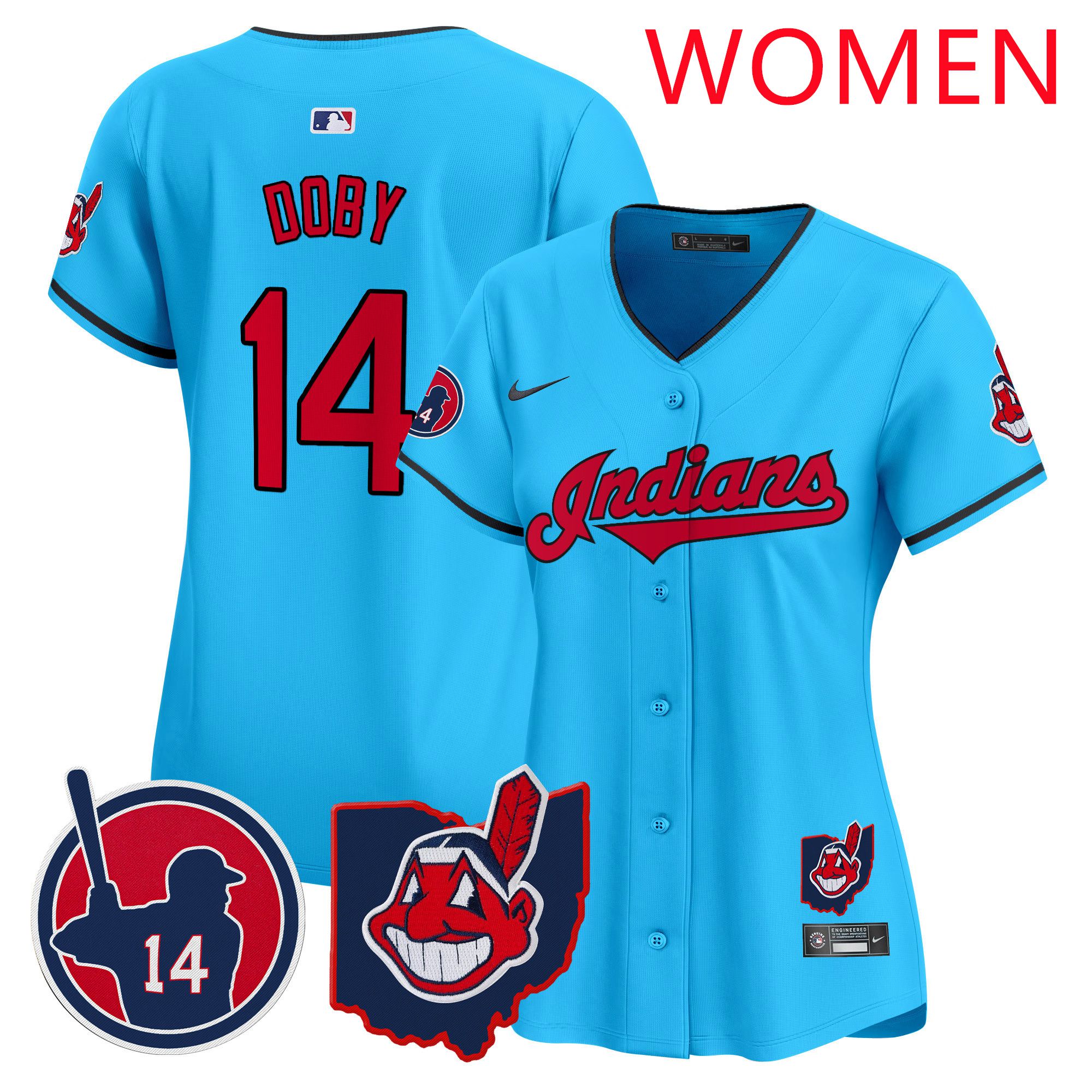 Women Cleveland Indians 14 Doby Light Blue Nike 2025 Patch Vapor Premier Limited MLB Jersey